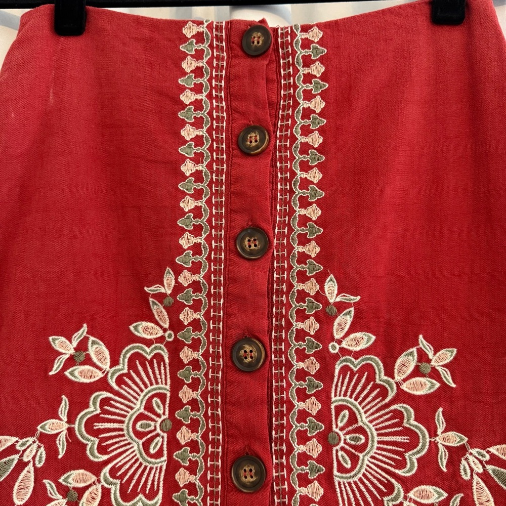 Blue Rain Embroidered Button Front Mini Skirt Boho Floral Size S Red - Picture 4 of 8
